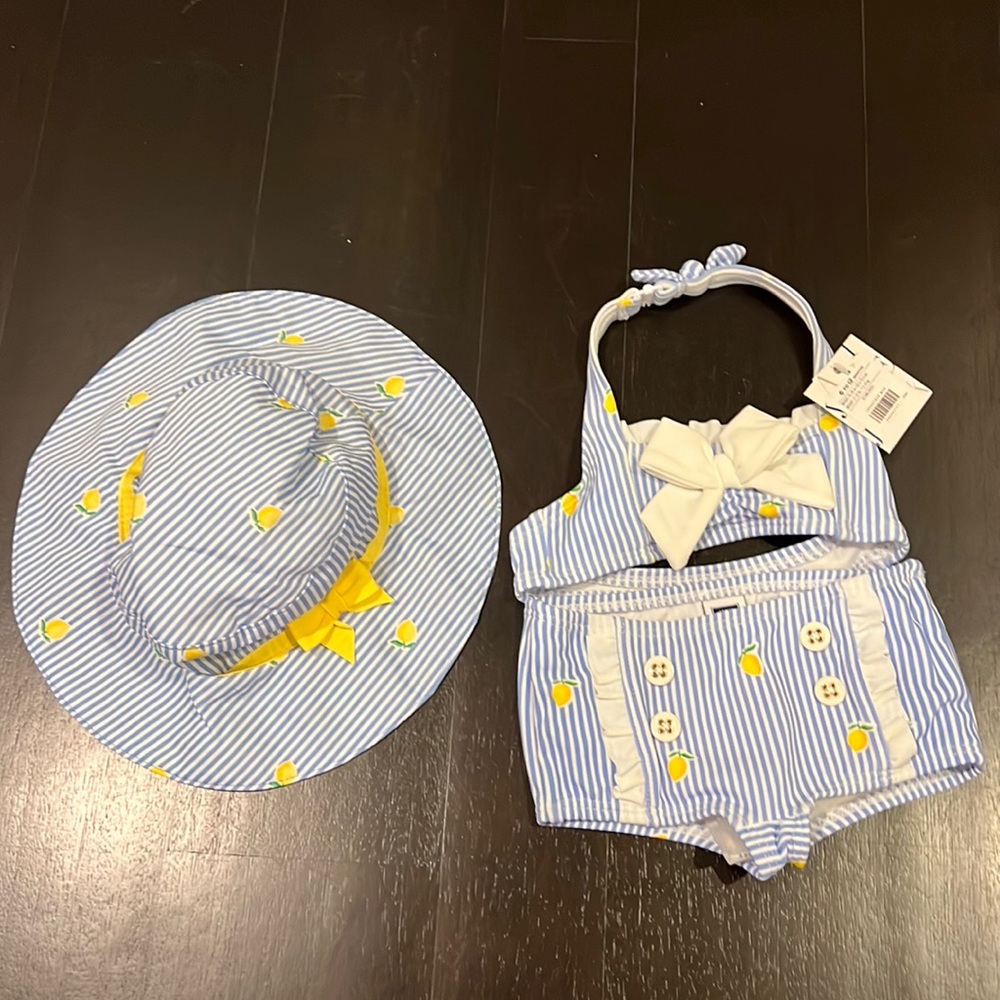 Janie and Jack Two Piece High Waisted Bikini- 6-12 Months with Matching Sun Hat